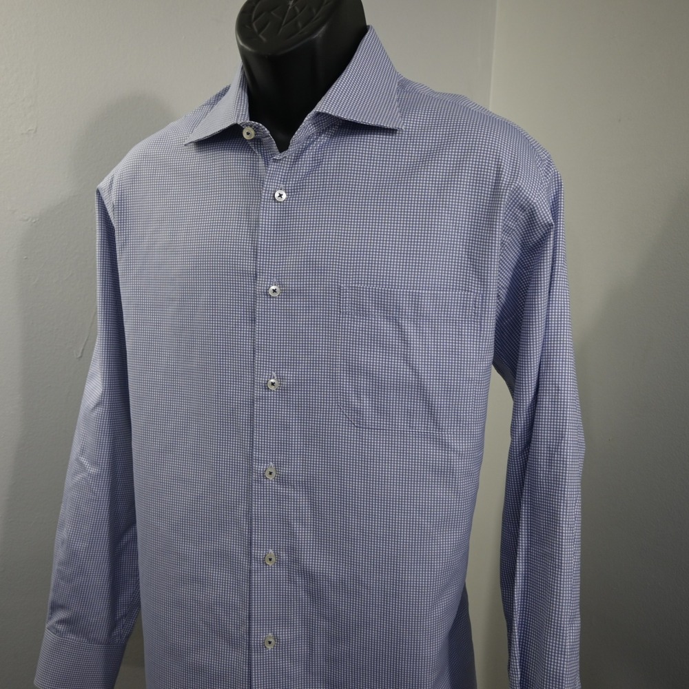 Robert Talbott Dress Shirt Mens 16.5 Large Classic Blue Gingham Check LS